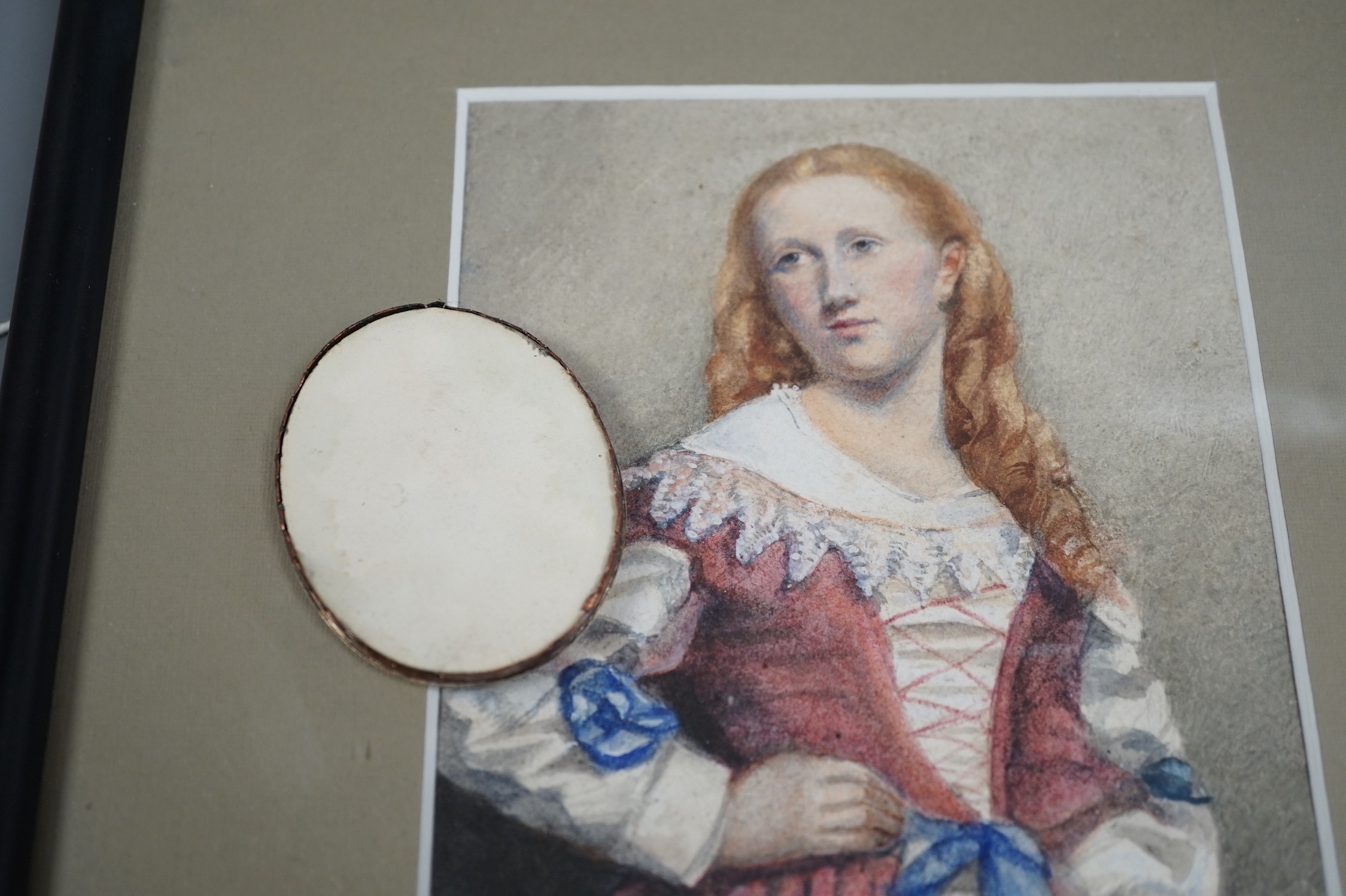 English school late 19th century, watercolour of a redheaded girl and a portrait miniature on card